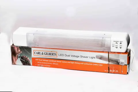LED mirror light with a dual-voltage shaver socket.